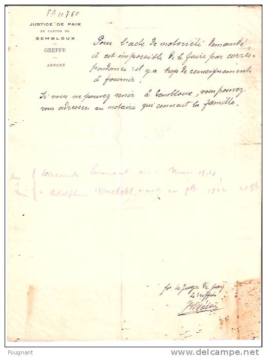 BELGIQUE::1922:lettre De GEMBLOUX Pour Velaine S/Sambre.Oblit.GEMBLOUX. - Storia Postale