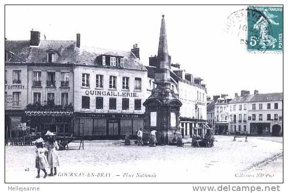 Cpa Gournay En Bray (76) Place Nationale , Animée , Commerces Quincaillerie Letailleur - Regulard . 1909 - Gournay-en-Bray