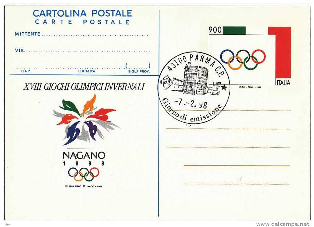 ITALIA 1998 FDC C. P. CELEBRATIVA: GIOCHI OLIMPICI INVERNALI DI NAGANO - GIAPONE. ANNULLO DI PARMA - Hiver 1998: Nagano