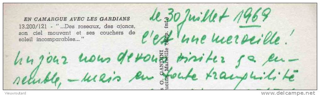 CPSM.   CAMARGUE. "DES ROSEAUX.DES AJONCS.SON CIEL MOUVANT ET COUCHER DE SOLEIL INCOMPARABLE..."DATEE 1969. - Hold To Light