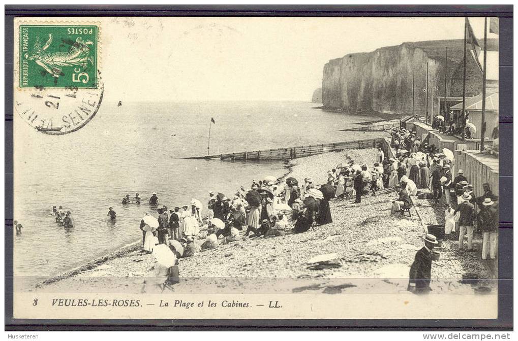 France PPC Le Plage Et Les Cabines Animée Maximum Card Old Frontside Stamped Postcard Veules-les-Roses 1913 - Veules Les Roses