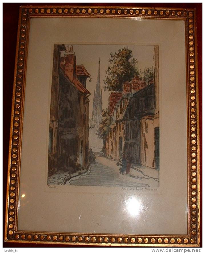 ROUEN - RUE DU VERT BUISSON - G. DEGRAVIN ? LITHOGRAPHIE AQUARELLEE SIGNEE - Watercolours