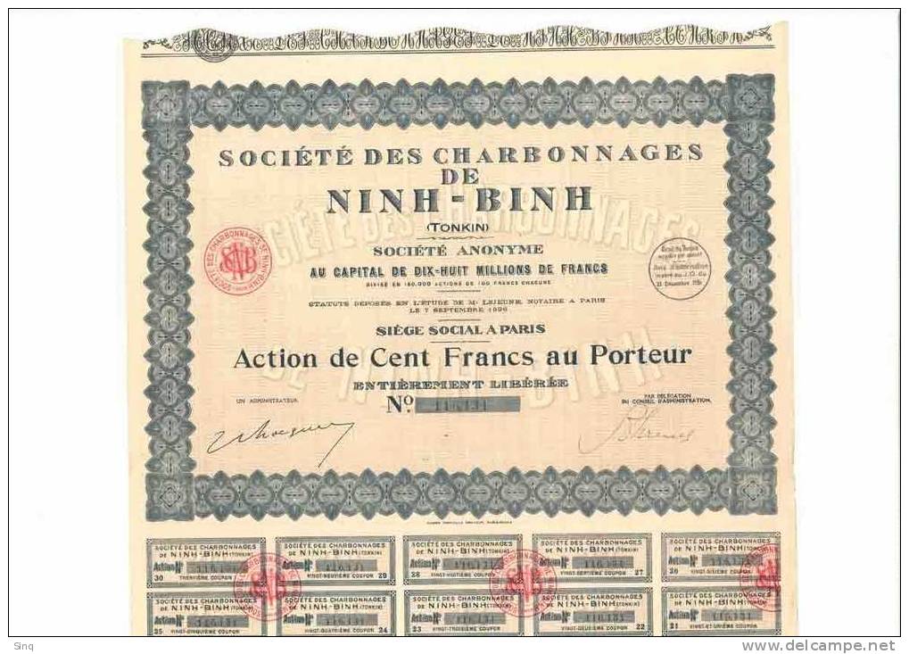 Société Des Charbonnages De Ninh-Binh (Tonkin) - Action De 100 Francs - 1926 - Mines