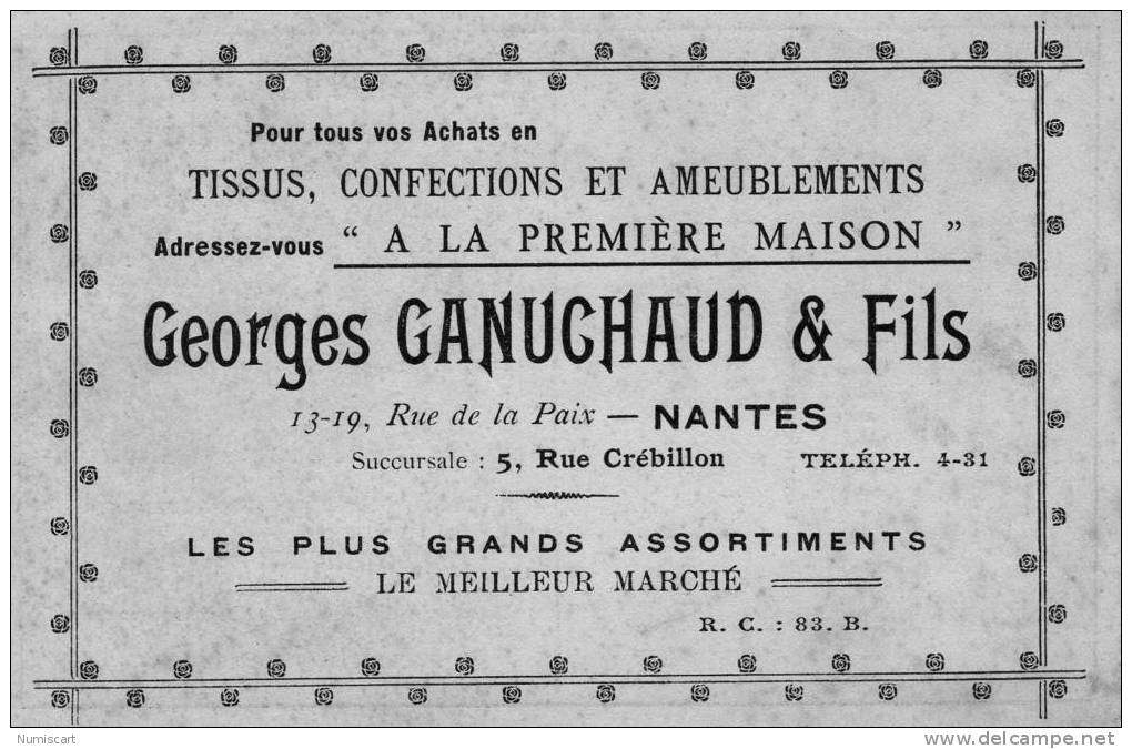 Nantes CARTE PUBLICITAIRE...NANTES...3 MAISONS ..GANUCHAUD...EVELLIN FRERES...NORMAND SEGERAND..BEAU DOCUMENT - Publicités