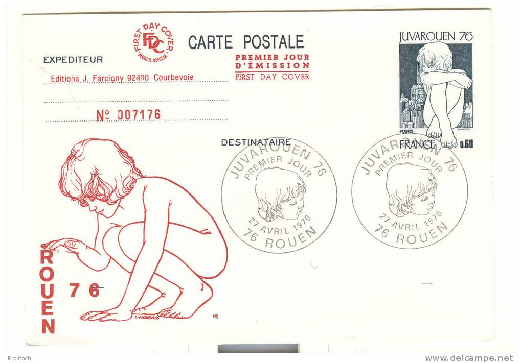 Entier Carte JuvaRouen 1976 - 1er Jour - Rouen - Overprinter Postcards (before 1995)