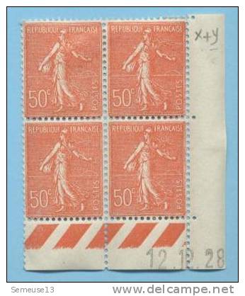 Semeuse 50 C. Rouge En Bloc De 4 Coin Daté Du 12.12.28 - 1903-60 Säerin, Untergrund Schraffiert