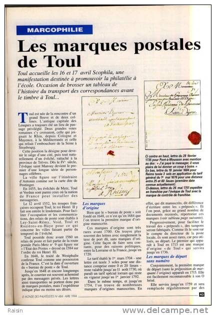 Le Monde des Philatélistes N°484 Avril1994 Animaux TOUL Isère Poste rurale à la Révolution Erreurs-valeur  PompidouTBE