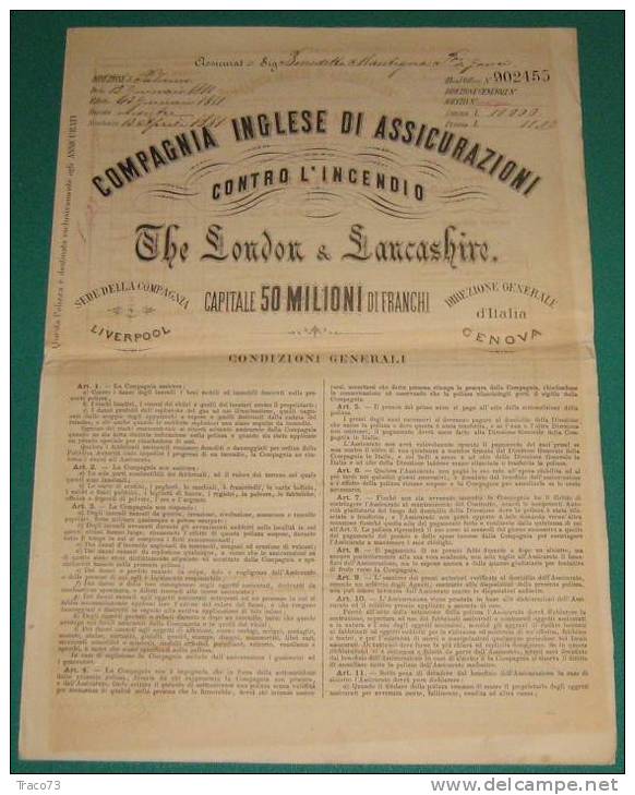 COMPAGNIA INGLESE DI ASSICURAZIONE - THE LONDON & LANCASHIRE   1881 - Banco & Caja De Ahorros