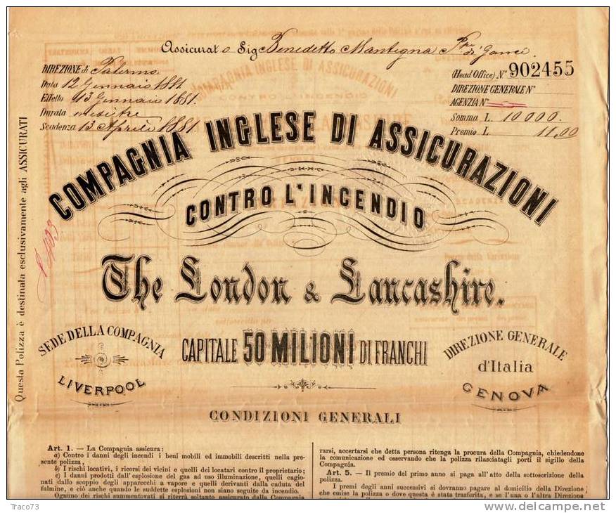 COMPAGNIA INGLESE DI ASSICURAZIONE - THE LONDON & LANCASHIRE   1881 - Banco & Caja De Ahorros