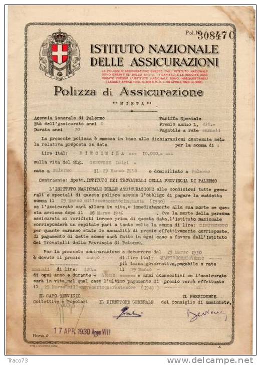 POLIZZA  DI ASSICURAZIONE MISTA  -  1930 - Banco & Caja De Ahorros