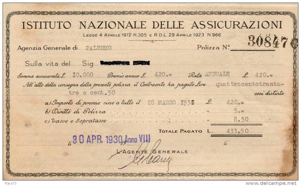 POLIZZA  DI ASSICURAZIONE MISTA  -  1930 - Banque & Assurance