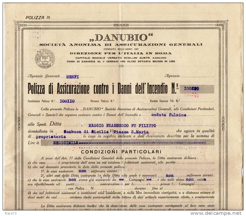 "DANUBIO" POLIZZA  DI ASSICURAZIONE CONTRO I DANNI DALL´INCENDIO - 1928 - Bank En Verzekering