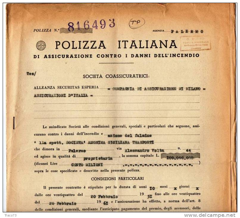 ALLEANZA SICURETAS ESPERIA - POLIZZA  ITALIANA DI ASSICURAZIONE CONTRO I DANNI DALL´INCENDIO - 1951 - Banco & Caja De Ahorros