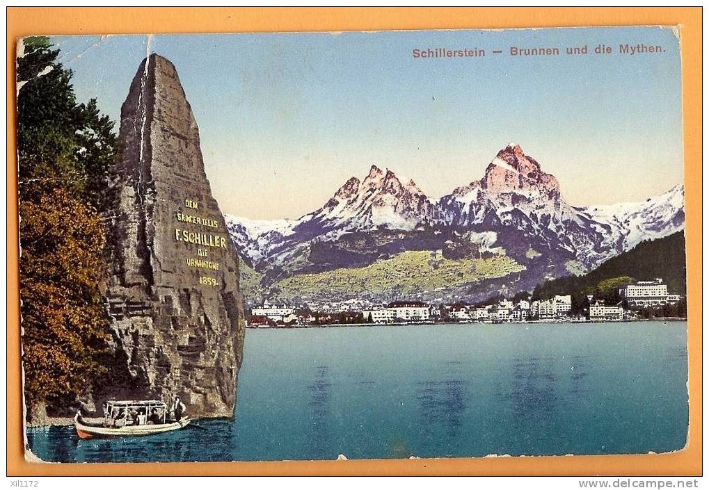 D358, Schwyz, Mémorial Schiller, Schillerstein - Brunnen Und Die Mythen. Barque. Fort Pli Vertical Voir Scan. - Andere & Zonder Classificatie