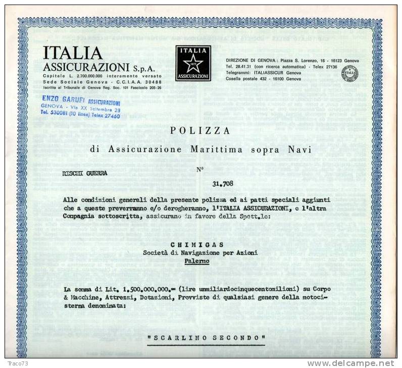 ITALIA ASSICURAZIONI S.P.A. -POLIZZA DI ASSICURAZIONE MARITTIMA SOPRA NAVI - Bank En Verzekering