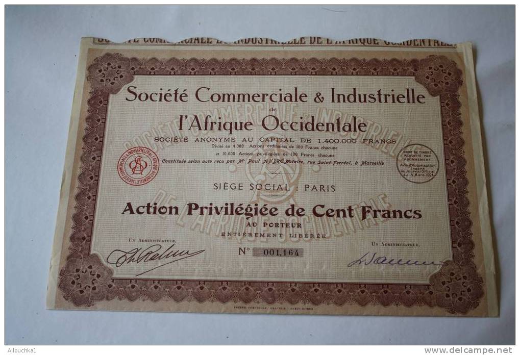 1924 - SCRIPOPHILIE: ACTION-TITRE-BONS PERIMES: CAFRA- STE COMMERCIALE ET INDUSTRIELLE AFRIQUE OCCIDENTALE FRANCAISE - Industrie