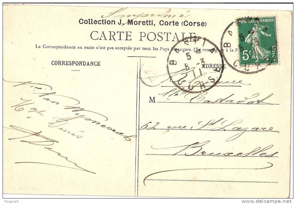 FRANCE:CORSE:BASTIA:Route       De Cardo.1911.Carte Envoyée à Bruxelles. - Corse