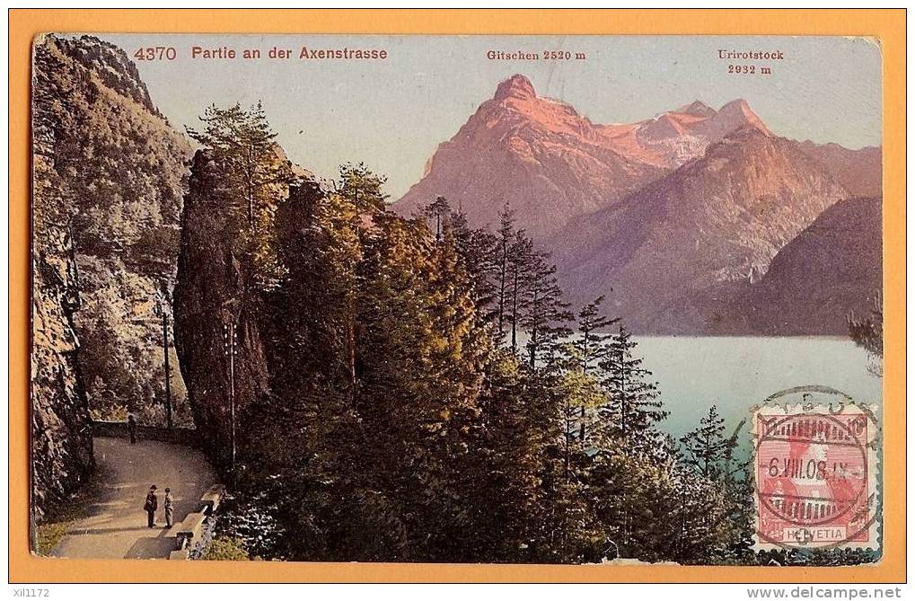 D364, Uri - Schwyz, Axenstrasse, Animé. Gitschen, Urirotstock. Animé. 1908 Altdorf Vers Paris - Altdorf