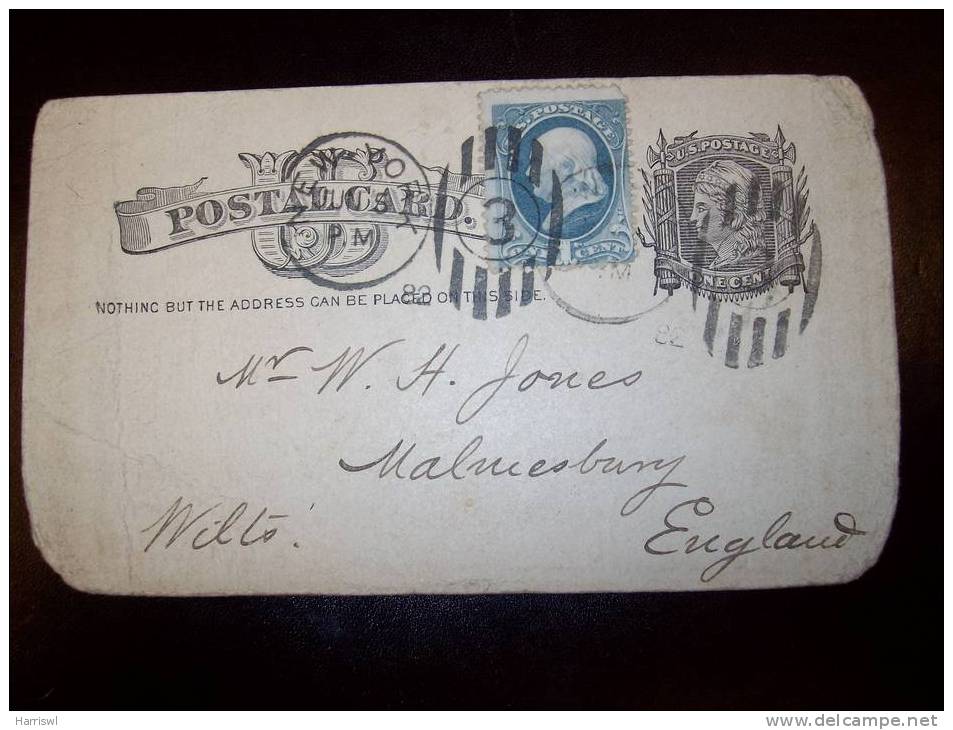 USA POSTCARD TO ENGLAND FROM 1882 [DATE 82 ON REVERSE ]WITH 3 CIRCLE POSTMARK - Covers & Documents
