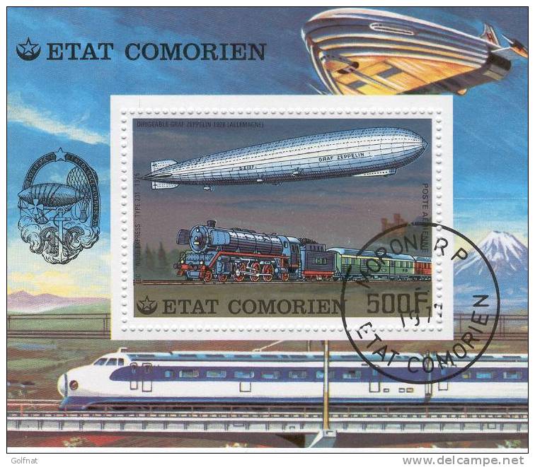 ETAT COMORIEN BLOC N°8 TRAIN A VAPEUR ET DIRIGEABLE OBLITERE - Zeppelins