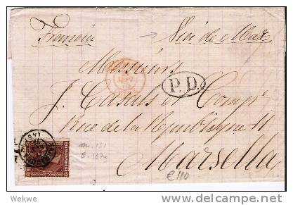 Spk066/  - SPANIEN - Tarragona-Marseilles 1875, Mit Edifil 167a/Mi. 151, Dunkelbraun - Lettres & Documents