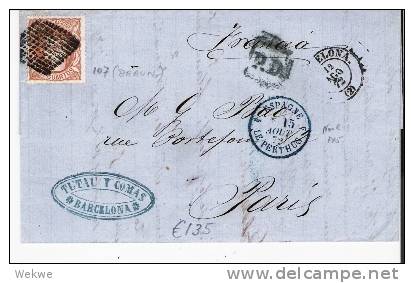 Spk068/- SPANIEN - Hispaña E 107 Braun Mit Noel 145 (blau) Le Perthus 1872 - Covers & Documents