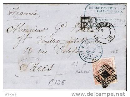 Spk074/ - SPANIEN -  Barcelona-Paris 1871 Mit Hispaña E 107, Grenzstempel 745 - Lettres & Documents