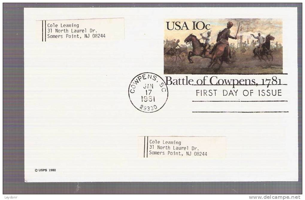 FDC Postal Card - The Battle Of Cowpens - Scott # UX87 - 1981-1990