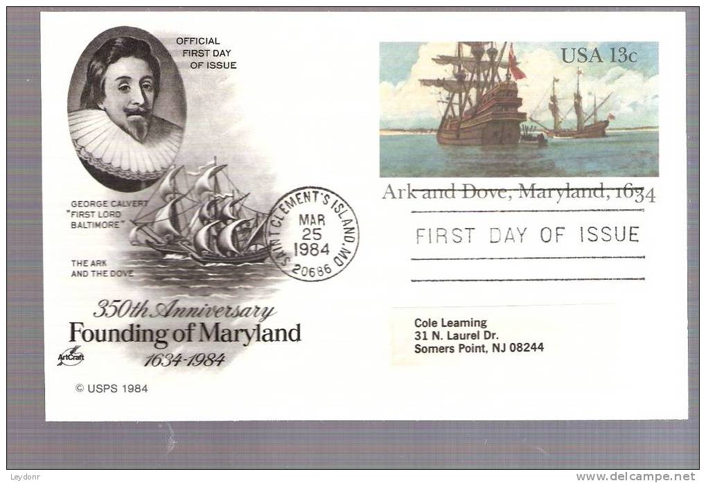 FDC Postal Card - The Ark And Dove, Maryland - Scott # UX101 - 1981-1990