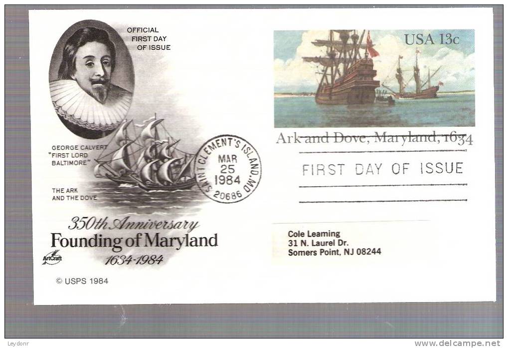 FDC Postal Card - The Ark And Dove, Maryland - Scott # UX101 - 1981-1990