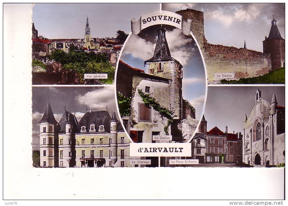 AIRVAULT  -  Souvenir - 5 Vues  :  Vue Générale, Le Donjon, Le Château, La Place St Pierre, Le Donjon  - - Airvault