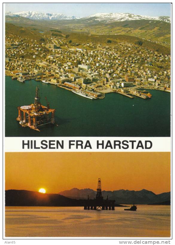 Harstad Norway, Oil Rig, Oil Industry North Sea, ´Greetings From Harstad´ Vintage Postcard, Harstad Harbor Docks - Norway