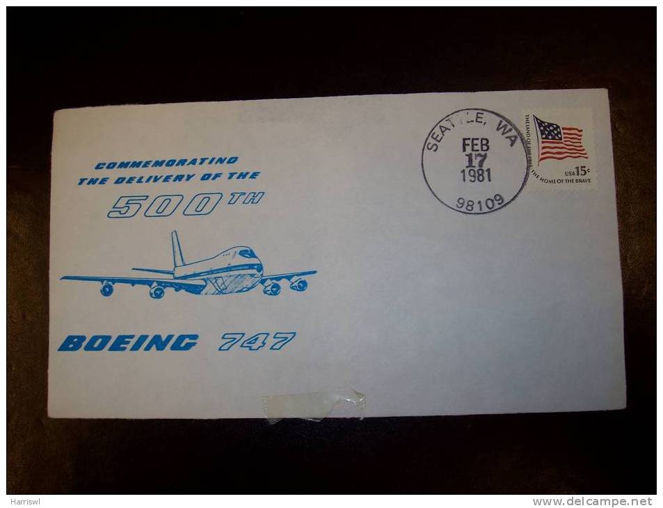 USA COVER COMMEMORATIVE DELIVERY OF 500TH BOEING 747 FLIGHT COVER 1981 - Lettres & Documents