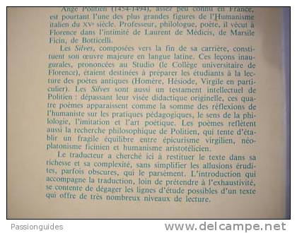 *LES SILVES  ANGE POLITIEN Texte Trad.  Commenté Par P GALAND 87 ED BELLES LETTRES / CLASSIQUES DE L´HUMANISME - Psychologie/Philosophie