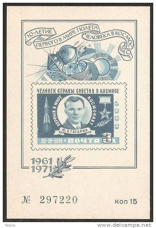 10th Anniv. Of World´s First Manned Space Flight. Yuri Gagarin - Russia 1971 Unlisted Souvenir Sheet (*) - Lokal Und Privat