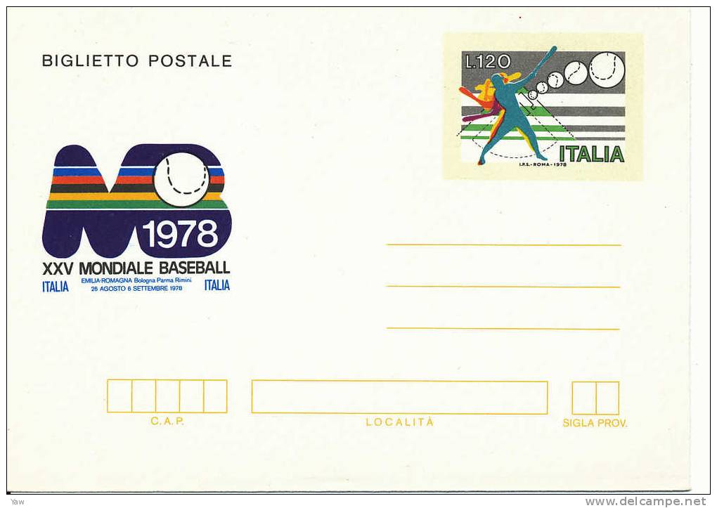 ITALIA 1978 BIGLIETTO POSTALE L.120 - CAMPIONATI MONDIALI DI BASEBALL  NUOVO** BORDI PIEGATI - Baseball