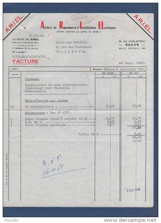 FACTURE ARIEL ATELIERS DE REPARATIONS ET D'INSTALLATIONS ELECTRIQUES ROUEN 1968 - Elektrizität & Gas