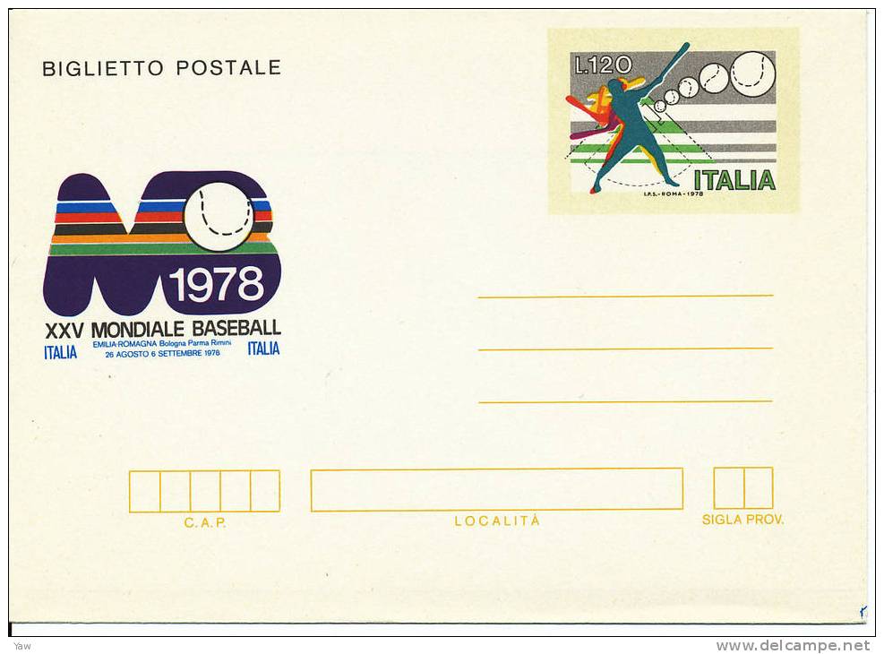 ITALIA 1978 BIGLIETTO POSTALE L.120 - CAMPIONATI MONDIALI DI BASEBALL  NUOVO** BORDI PIEGATI - Base-Ball