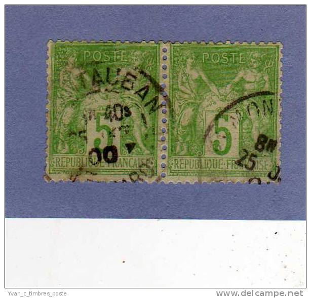 FRANCE TIMBRE N° 102 OBLITERE TYPE SAGE 5C VERT JAUNE PAIRE HORIZONTALE - 1898-1900 Sage (Tipo III)