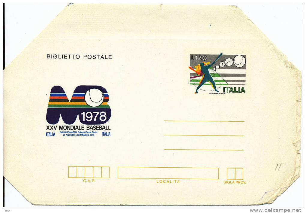 ITALIA 1978 BIGLIETTO POSTALE L.120 - CAMPIONATI MONDIALI DI BASEBALL  NUOVO** BORDI NON PIEGATI - Honkbal