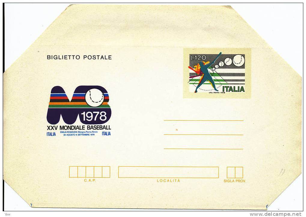 ITALIA 1978 BIGLIETTO POSTALE L.120 - CAMPIONATI MONDIALI DI BASEBALL  NUOVO** PERFETTO BORDI NON PIEGATI - Base-Ball