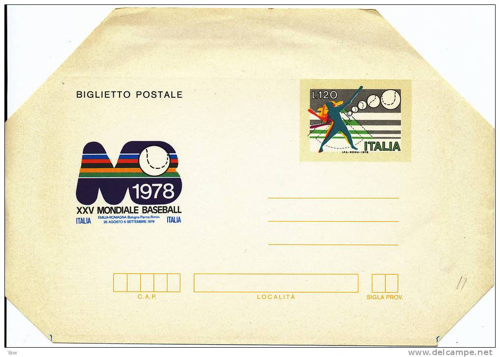 ITALIA 1978 BIGLIETTO POSTALE L.120 - CAMPIONATI MONDIALI DI BASEBALL  NUOVO** PERFETTO BORDI NON PIEGATI - Baseball