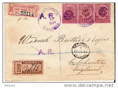 Col043a/ KOLUMBIEN -  Einschreiben/A.R. Cartagena 1894 Nach Colchester,  England Via N.Y., Liverpool - Colombia