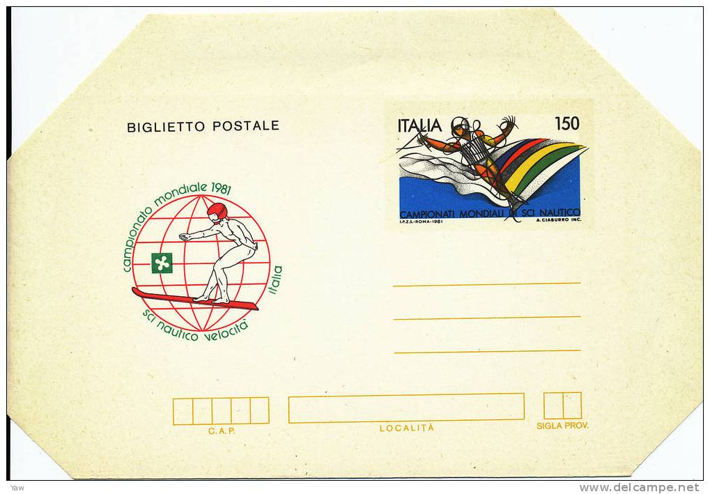 ITALIA 1981 BIGLIETTO POSTALE L.150 - CAMPIONATI MONDIALI DI SCI NAUTICO  NUOVO**MNH, BORDI NON PIEGATI - Ski Nautique