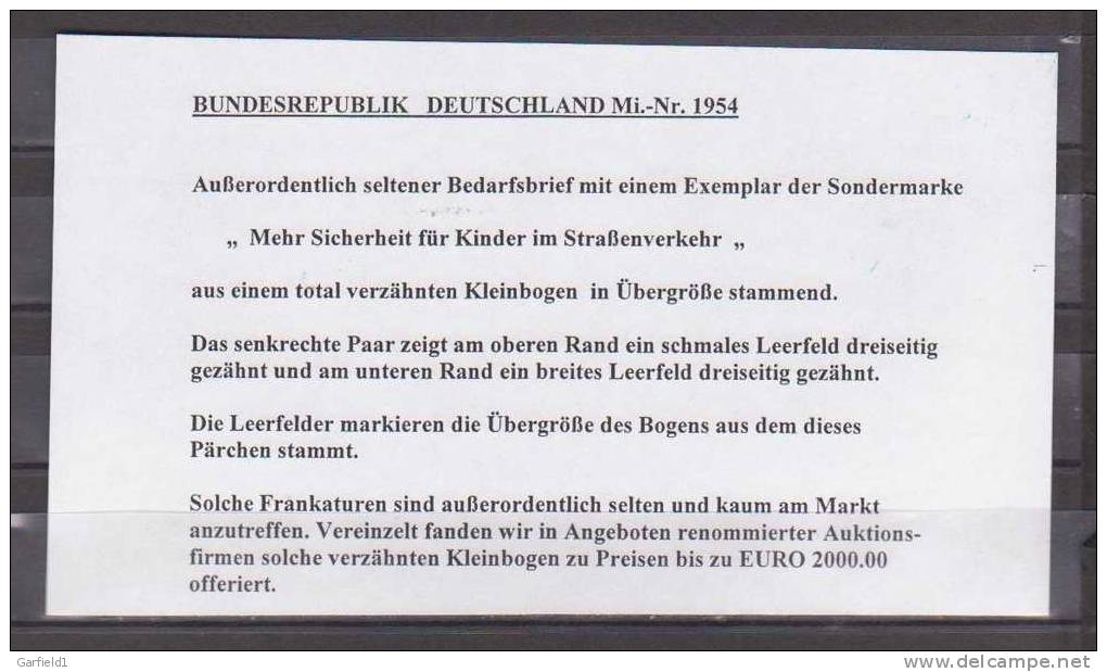 BRD  Mi. Nr. 1954 , Brief ,  Paar Aus Einem Total Verzähnten Kleinbogen In Übergröße  Rarität - Errors & Oddities