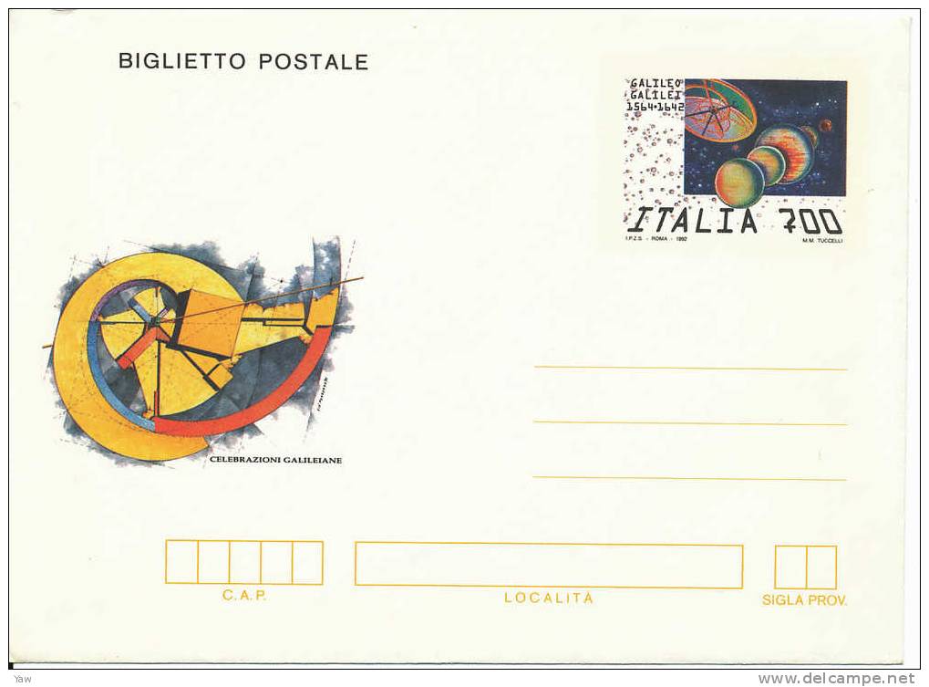 ITALIA 1992 BIGLIETTO POSTALE L.700 - GALILEO GALILEI 1564-1642. DISEGNO DI GIO´ POMODORO. NUOVO**MN, BORDI PIEGATI - Astronomùia