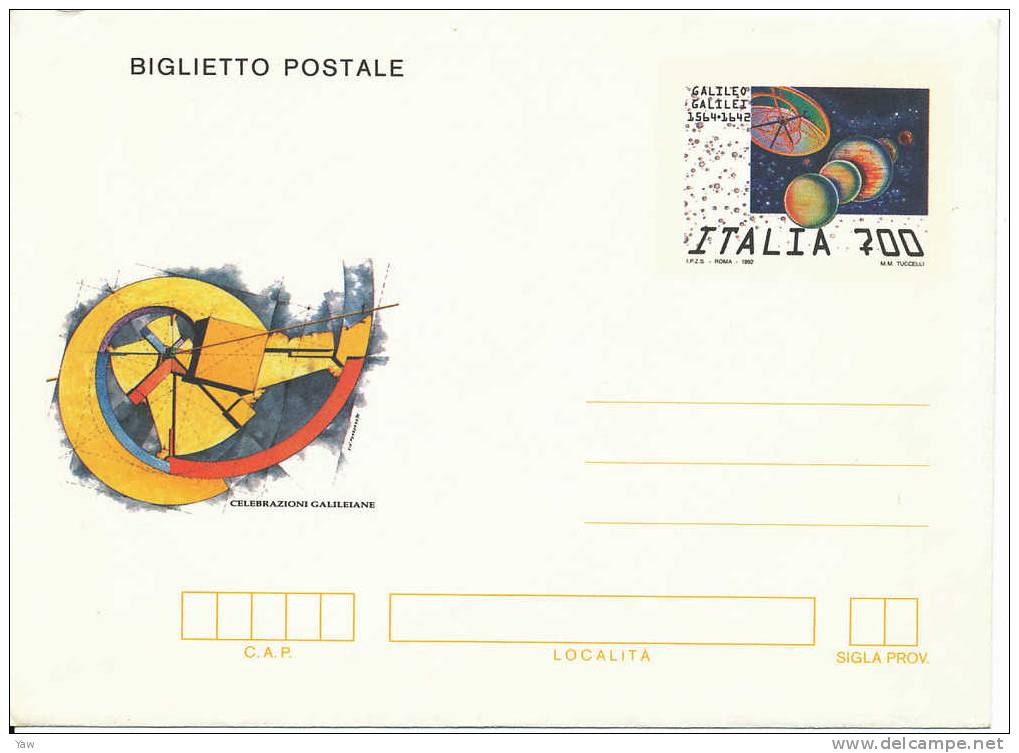 ITALIA 1992 BIGLIETTO POSTALE L.700 - GALILEO GALILEI 1564-1642. DISEGNO DI GIO´ POMODORO. NUOVO**MN, BORDI PIEGATI - Astronomie