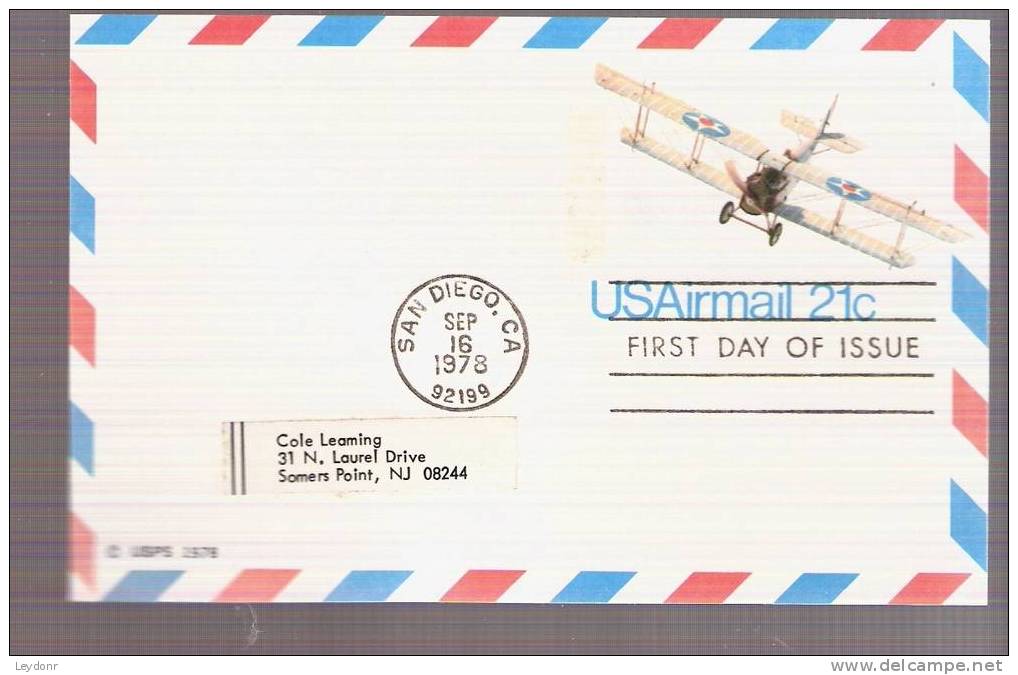 FDC Postal Card - Curtis Jenny JN4H  - Scott # UXC17 - Aerei