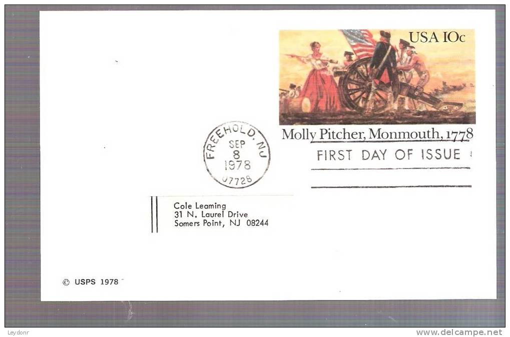 FDC Postal Card -Molly Pitcher Firing Cannon At Monmouth - Scott # UX77 - 1971-1980