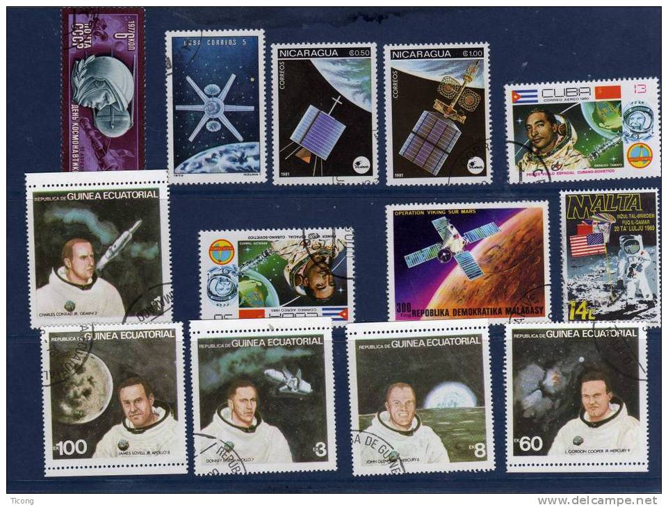 TIMBRES SUR LE THEME DE L ESPACE - APPOLO 8, APPOLO 7, VIKING, MERCURY 9, GEMINI 2, INTELSAT .................... - Collections